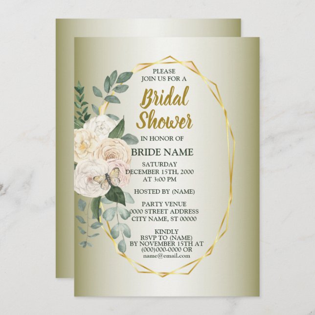 Convite Greenery  Pink Floral Gold Geometric Bridal Shower (Frente/Verso)