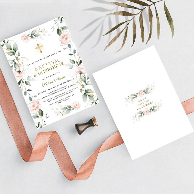 Convite Greenery Pink Flowers Festa de primeiro aniversari (floral greenery baptism 1st birthday, trendy, elegant, modern baptism first birthday invitation)