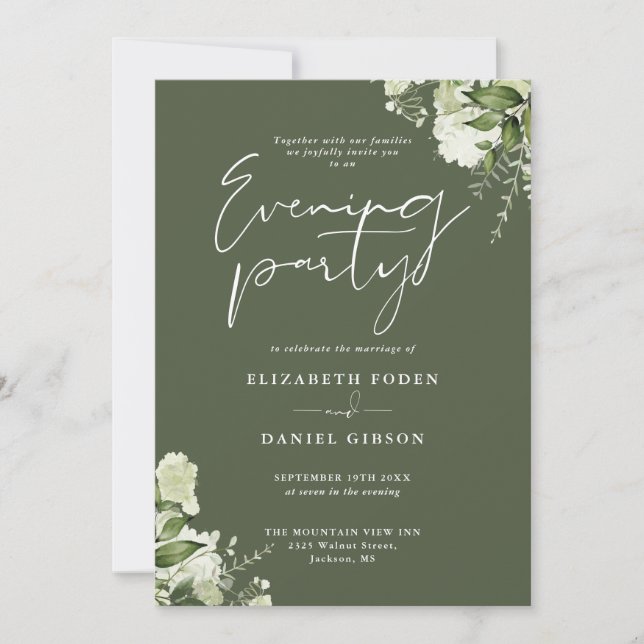 Convite Greenery QR Code Olive Green Wedding Evening Party (Frente)
