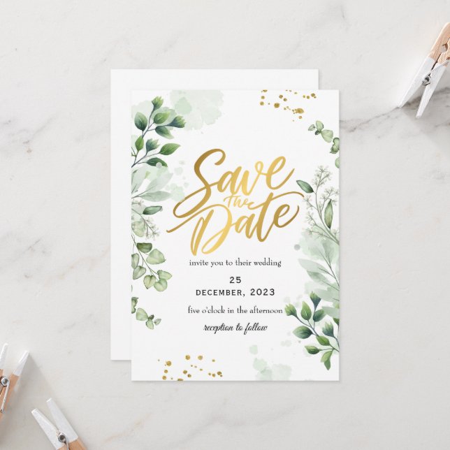 Convite Greenery Romantic Save The Date Invitation (Frente/Verso In Situ)