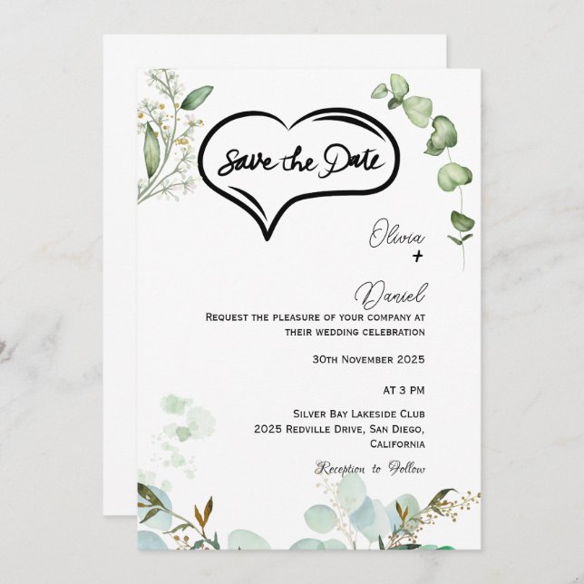Convite Greenery Rustic Save The Date Invitation (Frente/Verso)