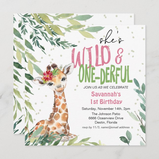 Convite Greenery Safari Giraffe Wild One primeiro aniversa (Frente/Verso)