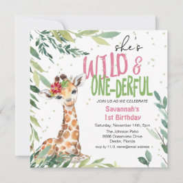 Convite Greenery Safari Giraffe Wild One primeiro aniversa