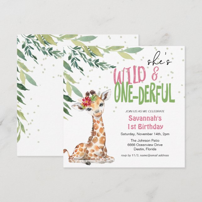 Convite Greenery Safari Giraffe Wild One primeiro aniversa (Frente/Verso)