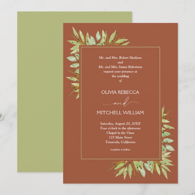 Convite Greenery sobre Terracotta Wedding (Frente/Verso)