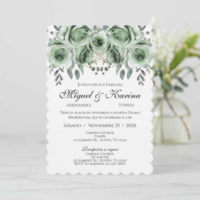 Convite Greenery Spanish Wedding invitation (Em pé/Frente)