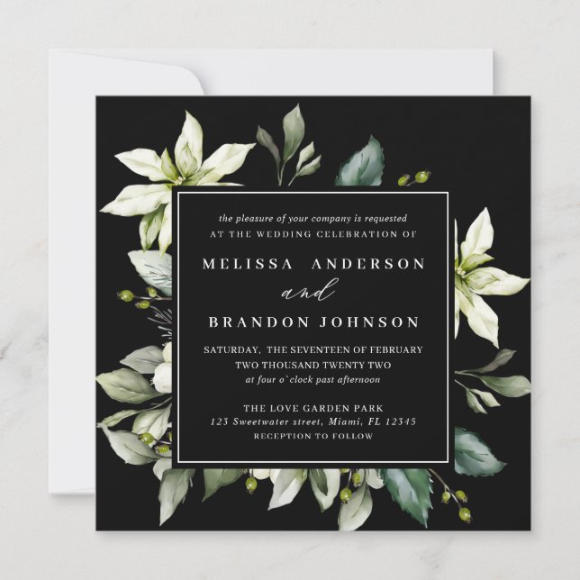 Convite Greenery Square | Casamento Botânico Por Aquarela (Frente)