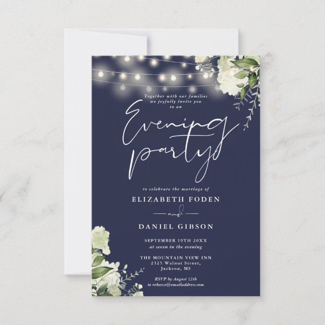 Convite Greenery String Lights Navy Wedding Evening Party (Frente)