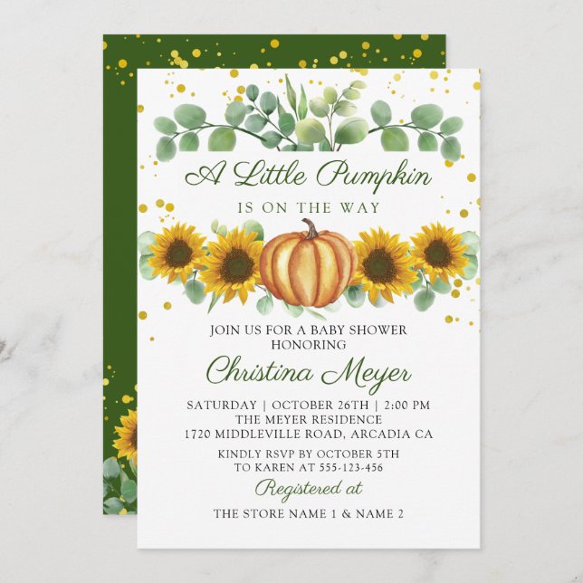 Convite Greenery Sunflower Autumn Pumpkin Chá de fraldas (Frente/Verso)