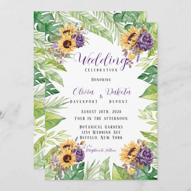 Convite Greenery Sunflower e Purple Florals Casando Inv (Frente/Verso)