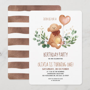 Convite Greenery Teddy Bear Barly Espera Aniversário Beb