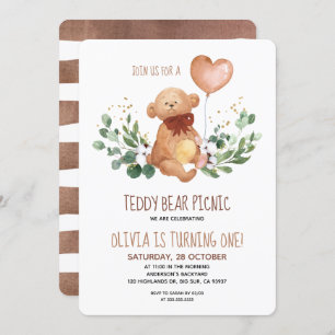 Convite Greenery Teddy Bear Picnic Birthday