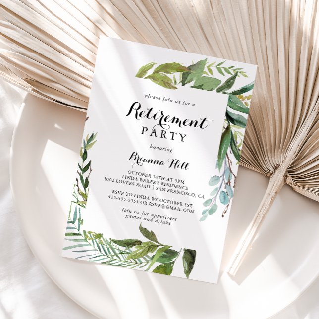 Convite Greenery Tropical Calliografia Retirement Party (Criador carregado)