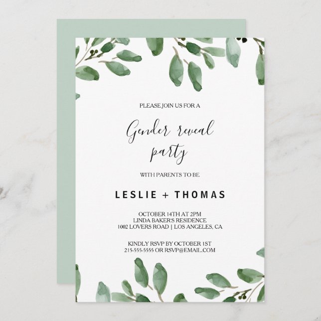 Convite Greenery Tropical Eucalyptus Gênero Partido Revela (Frente/Verso)