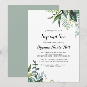 Convite Greenery Tropical Modern Calligraphy Sip and See