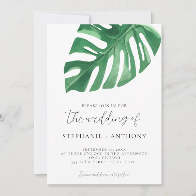 Convite Greenery Tropical Monstera Sai do Casamento de Ver (Frente)
