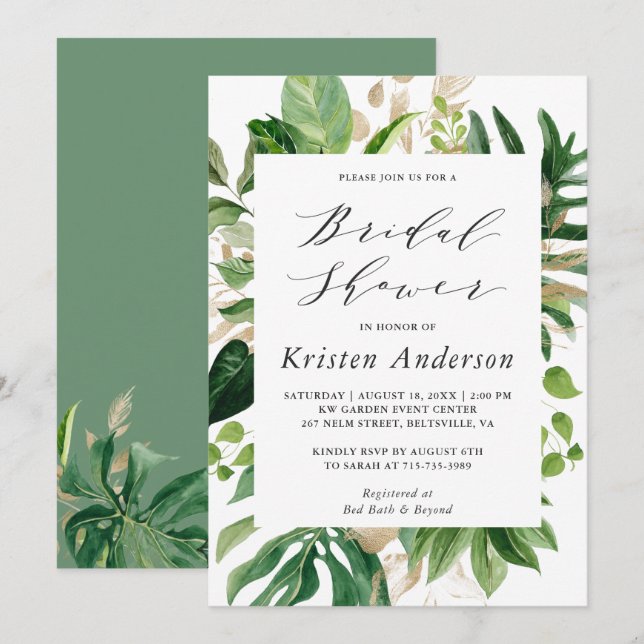 Convite Greenery Tropical Palm Deixa Chá de panela Floral (Frente/Verso)