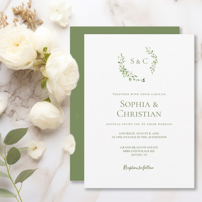 Convite Greenery Watercolor Wreath Folha Monograma Casamen (Green white wedding monogram crest invitation.)