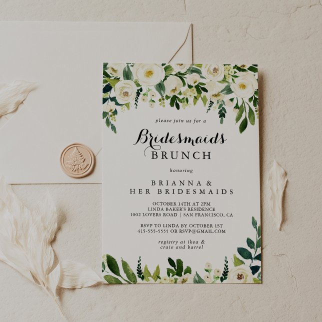 Convite Greenery White Floral Bridesmaids Brunch Chá (Criador carregado)