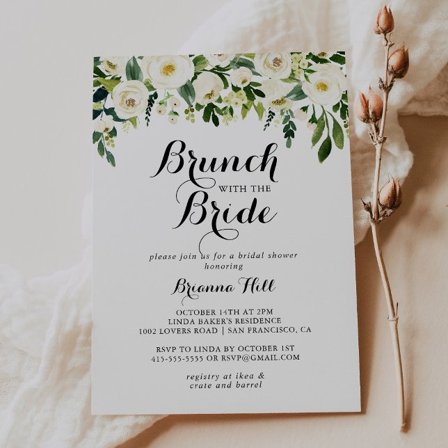 Convite Greenery White Floral Brunch com Chá Bride (Criador carregado)