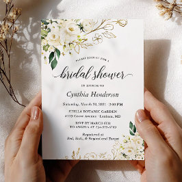 Convite Greenery White Rose Floral Dourado Chá de panela