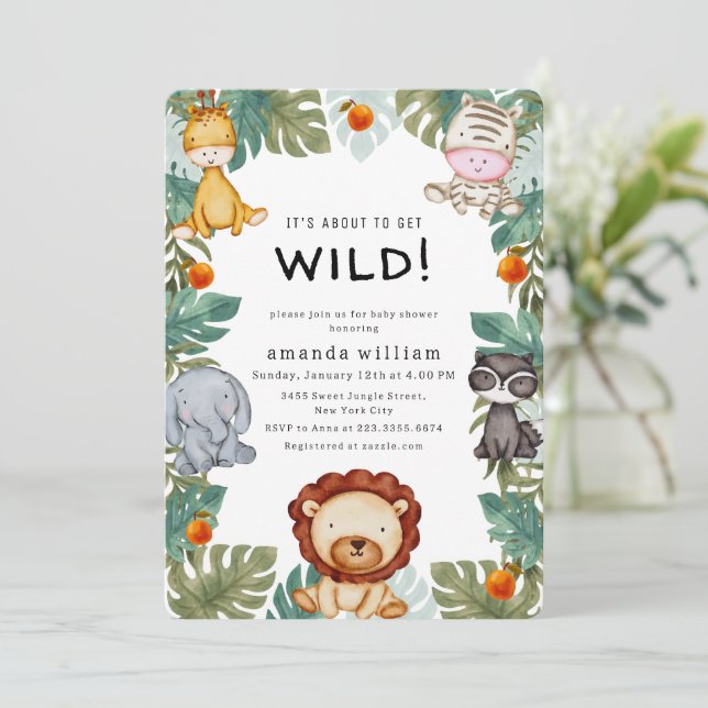 Convite Greenery Wild Forest Sarafi Animals Baby Shower (Em pé/Frente)