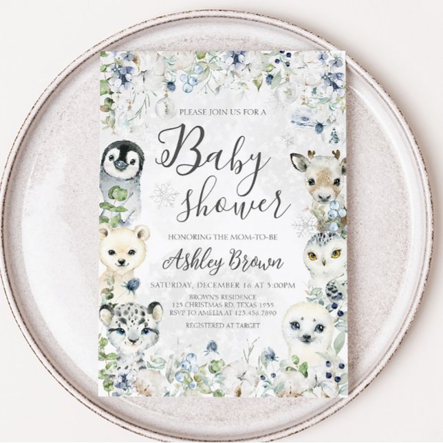 Convite Greenery Winter Artic Animal Chá de fraldas (Arctic Animals Baby Shower Invitation)