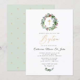 Convite Greenery Winter Wreath Faux Dourado Baptism