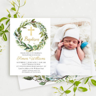 Convite Greenery Wreath Dourado Cross Boy Foto de Batismo