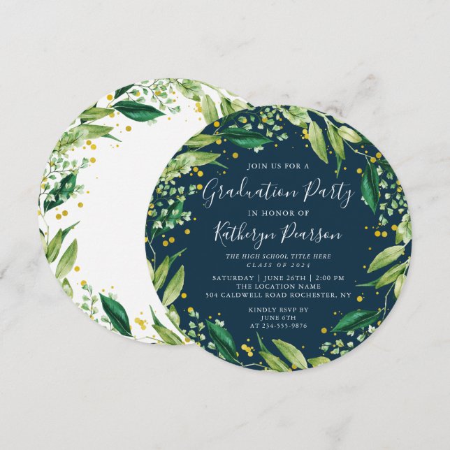 Convite Greenery Wreath Dourado Marinho Azul Graduação (Frente/Verso)