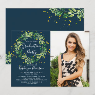 Convite Greenery Wreath Dourado Marinho Blue Graduação F