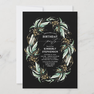 Convite Greenery Wreath Elegant Modern Black Birthday