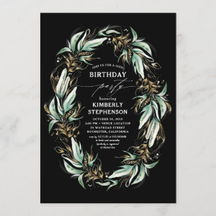 Convite Greenery Wreath Elegant Modern Black Birthday