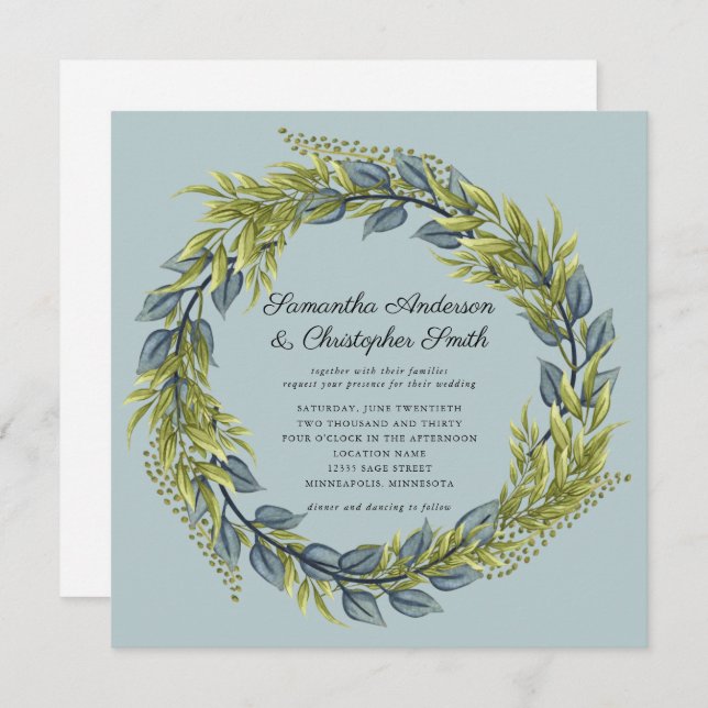 Convite Greenery Wreath Green e Dark Teal Wedding (Frente/Verso)