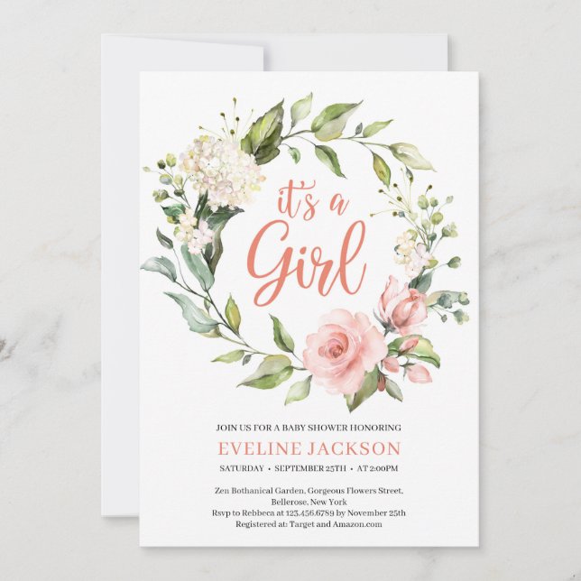 Convite Greeney e blush floral é uma menina (Frente)