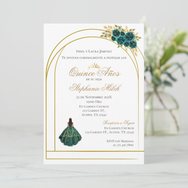 Convite Greengery Floral Mexican Quinceanera Invitation (Em pé/Frente)