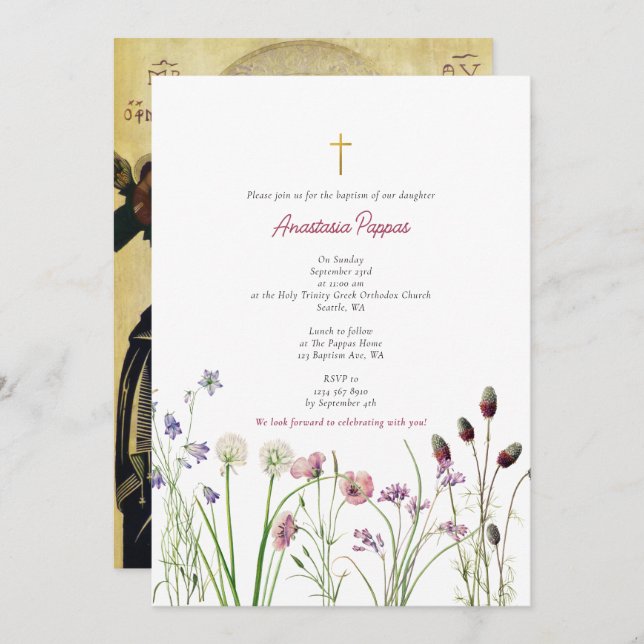 Convite Grego Ortodoxo Christening Baptism Girl Wildflower (Frente/Verso)