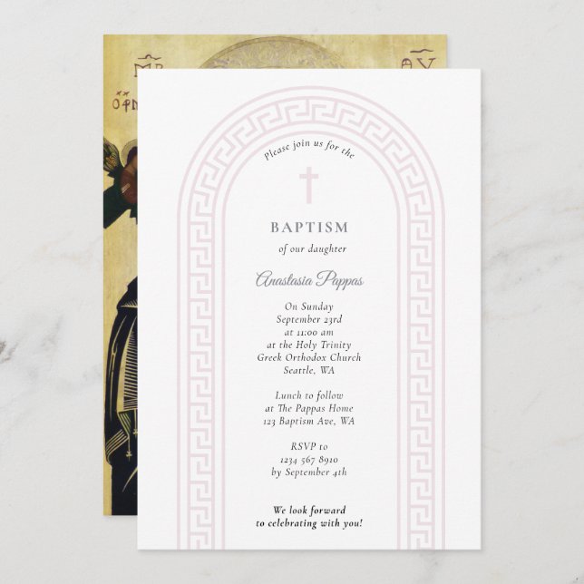 Convite Grego Ortodoxo Natal Batismo Rosa Chave Grega (Frente/Verso)