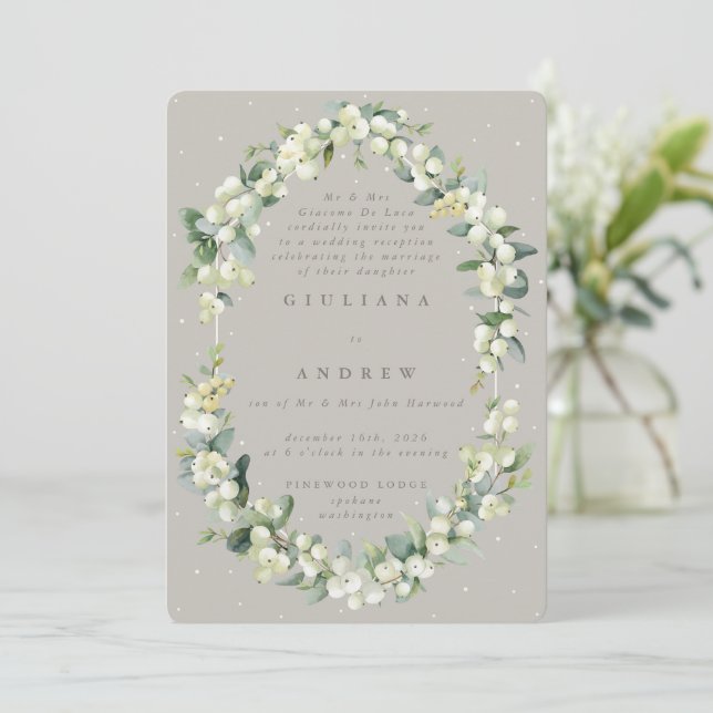 Convite Greige Snowberry + Eucalipto Recepção de Casamento (Em pé/Frente)