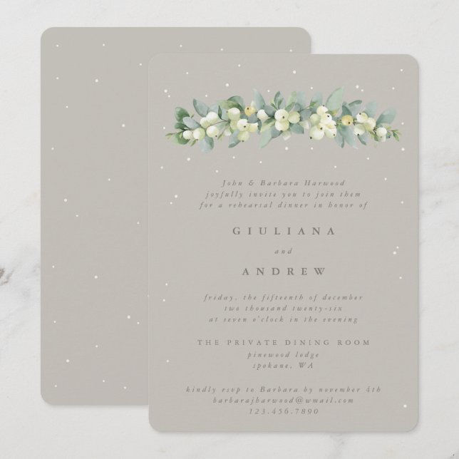 Convite Greige Snowberry+Eucalyptus - Ensaio de Casamento (Frente/Verso)
