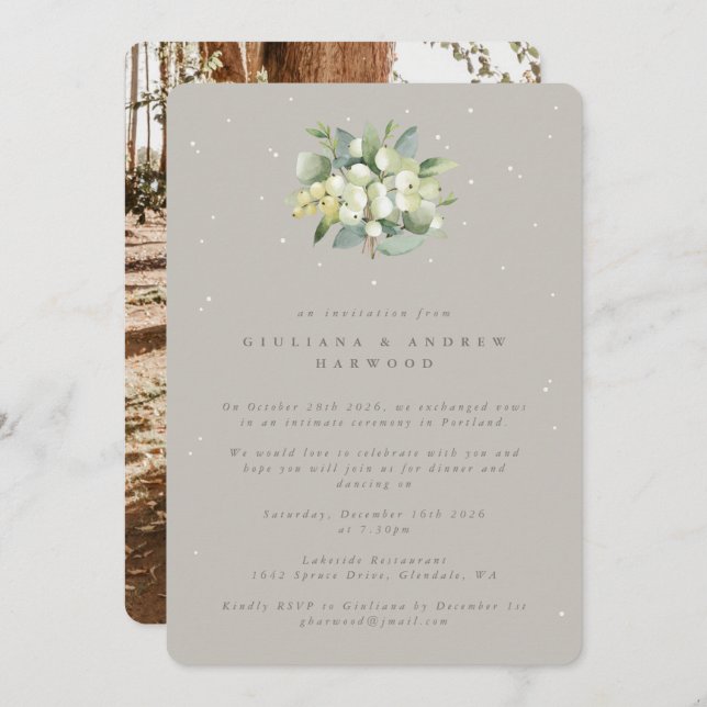 Convite Greige Snowberry+Eucalyptus Reception Foto (Frente/Verso)