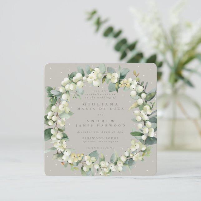 Convite Greige Snowberry+Eucalyptus Wreath (Em pé/Frente)