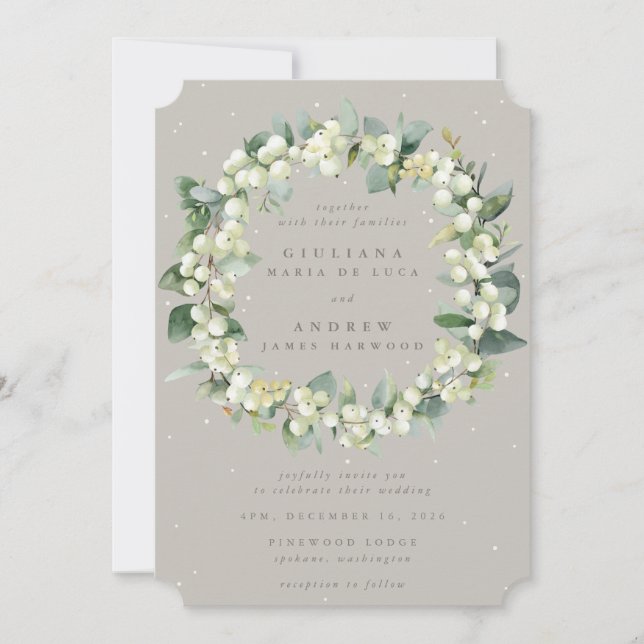 Convite Greige Snowberry+Eucalyptus Wreath Casamento no in (Frente)
