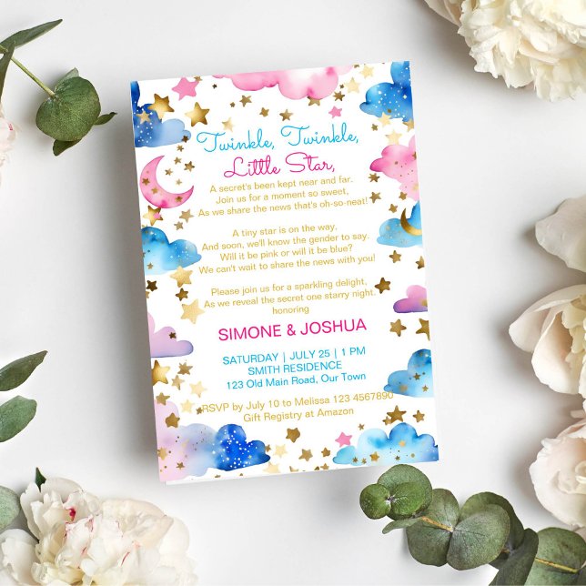 Convite Grelha brilha pequeno gênero estrela revela poema (Twinkle twinkle little star poem gender reveal party template invitation instant download pink blue)