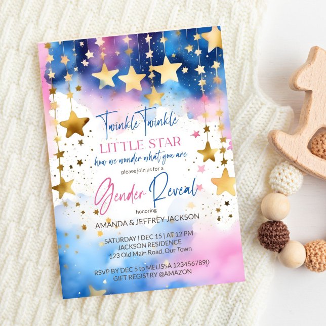 Convite Grelha brilhando pequeno gênero de estrela revela (Twinkle twinkle little star gender reveal editable template invitation digital download gold stars)