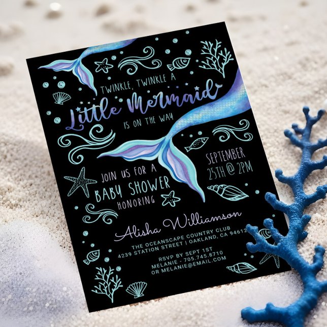 Convite Grelha Brilhante Oceano Iridescente Sereia Preta (Twinkle Twinkle Iridescent Ocean Mermaid Black Invitation)