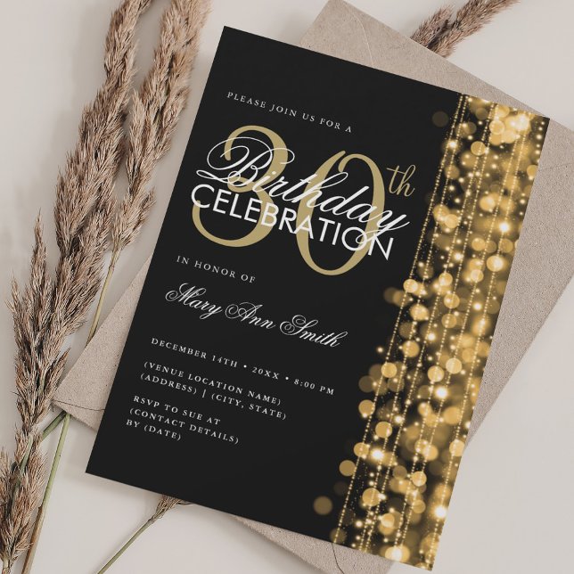 Convite Grelha de aniversário de 30 anos elegante brilha D (Elegant 30th Birthday Glam Sparkles Gold & Black Invitation)