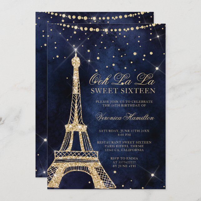Convite Grelha de ouro glitter em torre Eiffel Sweet 16 (Frente/Verso)