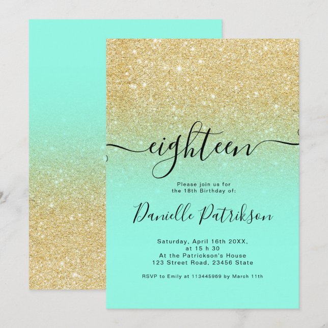 Convite Grelha de ouro quente brilha hortelã hortelã ombre (Frente/Verso)