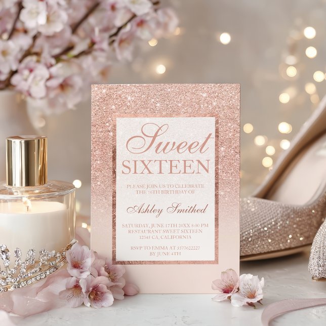 Convite Grelha de ouro-rosa brilhante elegante Sweet 16 (Elegant girly rose gold glitter chic Sweet 16 Invitation)